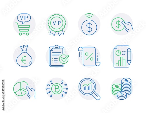Finance icons set. Included icon as Survey checklist, Pie chart, Money bag signs. Bitcoin system, Contactless payment, Vip shopping symbols. Payment, Vip award, Report document. Coins. Vector