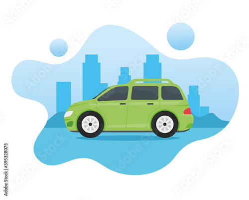 Fototapeta Naklejka Na Ścianę i Meble -  green car vehicle traveling on the city vector illustration design