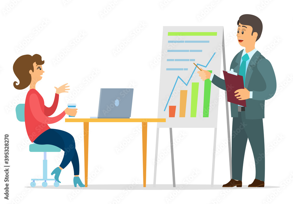 Office workers characters discussing indicators. Business people man and woman talking communication, discuss presentation graphs and charts. Business meeting and consideration of working issues Office workers characters discussing indicators. Business people man and woman talking communication, discuss presentation graphs and charts. Business meeting and consideration of working issues