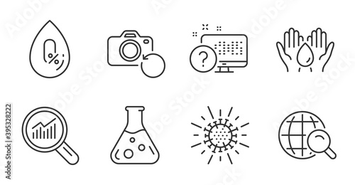 Online quiz, No alcohol and Coronavirus line icons set. Recovery photo, Safe water and Chemistry lab signs. Data analysis, Internet search symbols. Web support, Mineral oil, Infection. Vector