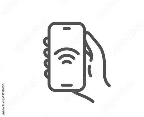 Internet app line icon. Hand hold phone sign. Cellphone with screen notification symbol. Quality design element. Linear style internet app icon. Editable stroke. Vector