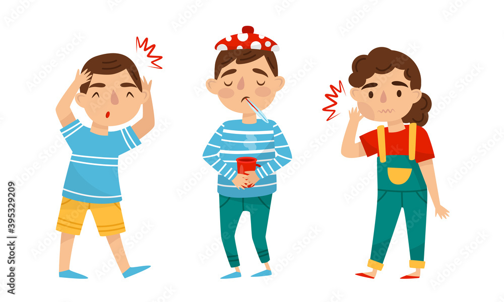 Little Boy and Girl Suffering from Headache and Fever Vector Set