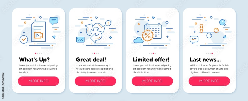 Set of Business icons, such as Calendar discounts, Recycle, Video file symbols. Mobile screen app banners. Balance line icons. Shopping, Recycling waste, Vlog page. Concentration. Vector