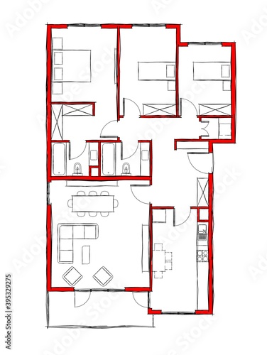 Illustration of three bedroom flat with balcony.  3BHK architectural plan drawing with red walls in hand sketch style. photo