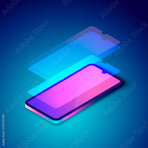 Colorful illustration of smartphone screen layers. Technology screen sctructure, layered phone display. Isometric view