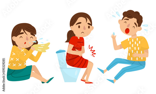 Little Boy and Girl Suffering from Runny Nose and Stomachache Vector Set
