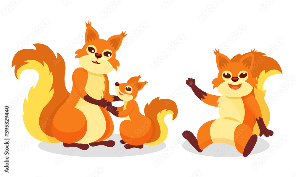 Fluffy Squirrel Waving Paw and Playing with Cub Vector Set Fluffy Squirrel Waving Paw and Playing with Cub Vector Set