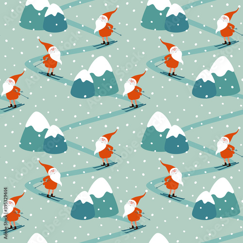 Christmas seamless pattern. Christmas gnomes are skiing.