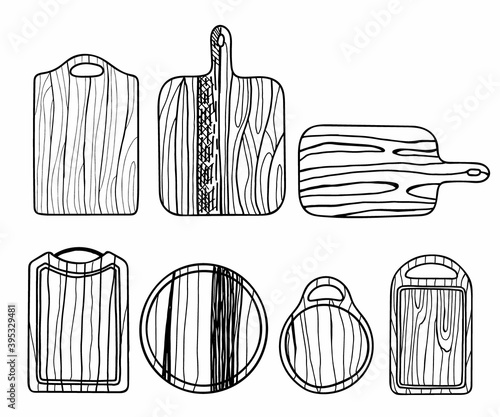 Cutting board set. Hand drawn boards, vintage kitchen wooden boards collection, white objects drawing sketch style for chef, barbeque restaurant and cafe menu, vector line isolated illustration