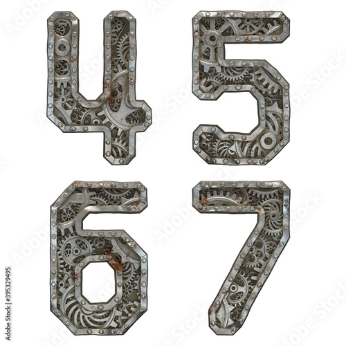 Mechanical alphabet made from rivet metal with gears on white background. Set of numbers 4, 5, 6, 7. 3D