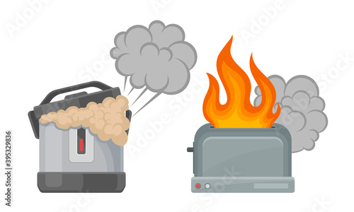 Broken and Damaged Home Appliances with Burnt Multicooker and Toasting Oven Vector Set