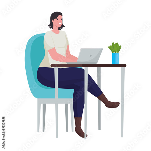 woman using laptop for meeting online in the office vector illustration design