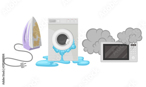 Broken Consumer Electronics with Washing Machine and Microwave Oven Vector Set