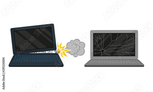 Broken Consumer Electronics with Cracked and Burnt Laptop Vector Set