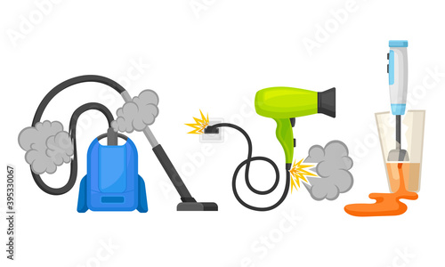 Broken Consumer Electronics with Burnt Vacuum Cleaner and Hair Dryer Vector Set
