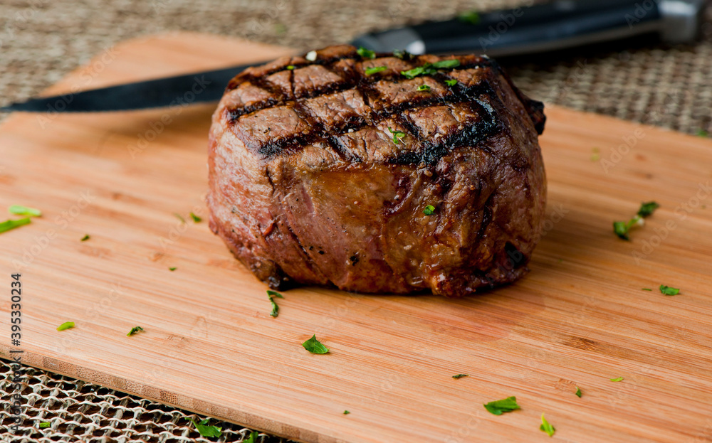 Steak and potatoes. Grade A grass fed angus beef steaks. Tenderloin, filet mignon, New York