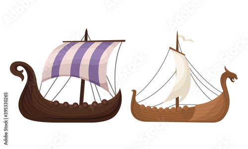 Viking Ship or Scandinavian Marine Vessels with Dragon Head Vector Set