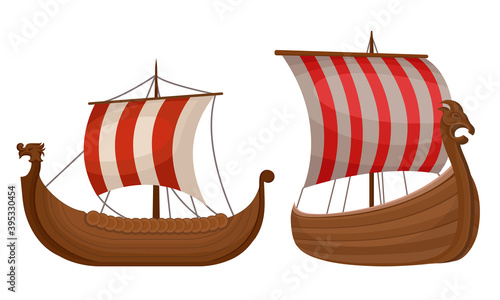 Scandinavian Marine Vessels or Viking Ship with Dragon Head Vector Set