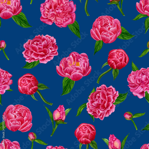 Peony watercolor seamless pattern flowers with leaves. Hand drawn illustration. For the design of wallpaper, fabric, background website, wrapping paper, etc.