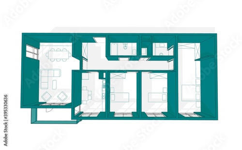 Illustration of three bedroom flat with balcony.  3BHK architectural 3D plan perspective with elevated walls. Cyan colored walls in white background. photo