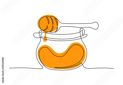 One line drawing of honey in jar with dipper drip. Sweet organic raw honey icon, contemporary outline design natural food store concept. Healthy vegan supplement vector illustration