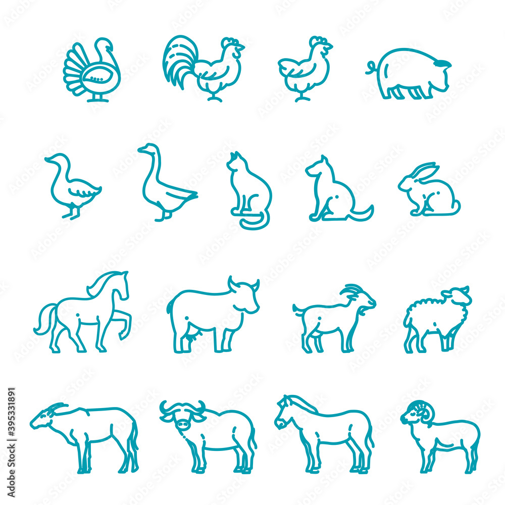 Farm animals, thin line style, flat design. vector icon set Farm animals, thin line style, flat design. vector icon set