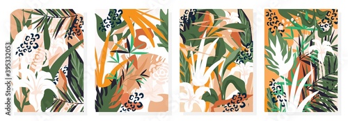 4Set Abstract Modern Colorful Tropical Exotic Leaf And Leopard Pattern, Tropical Leaf Design For  Background or wallpaper, Template, Clothing, Fashion, Fabric, Batik, Wrapping.
