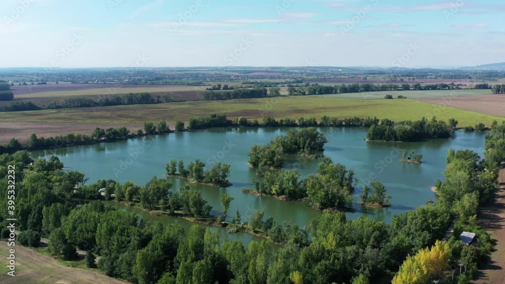 Aerial view of a lake in the village of Komjatice in Slovakia Aerial view of a lake in the village of Komjatice in Slovakia