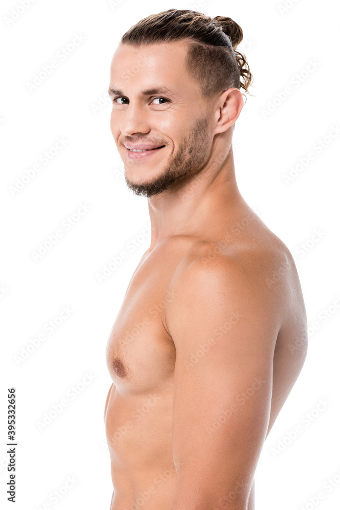 side view of sexy shirtless man isolated on white