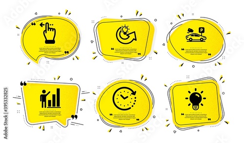 Share idea, Time change and Graph chart icons simple set. Yellow speech bubbles with dotwork effect. Touchscreen gesture, Parking security and Light bulb signs. Solution, Clock, Growth report. Vector