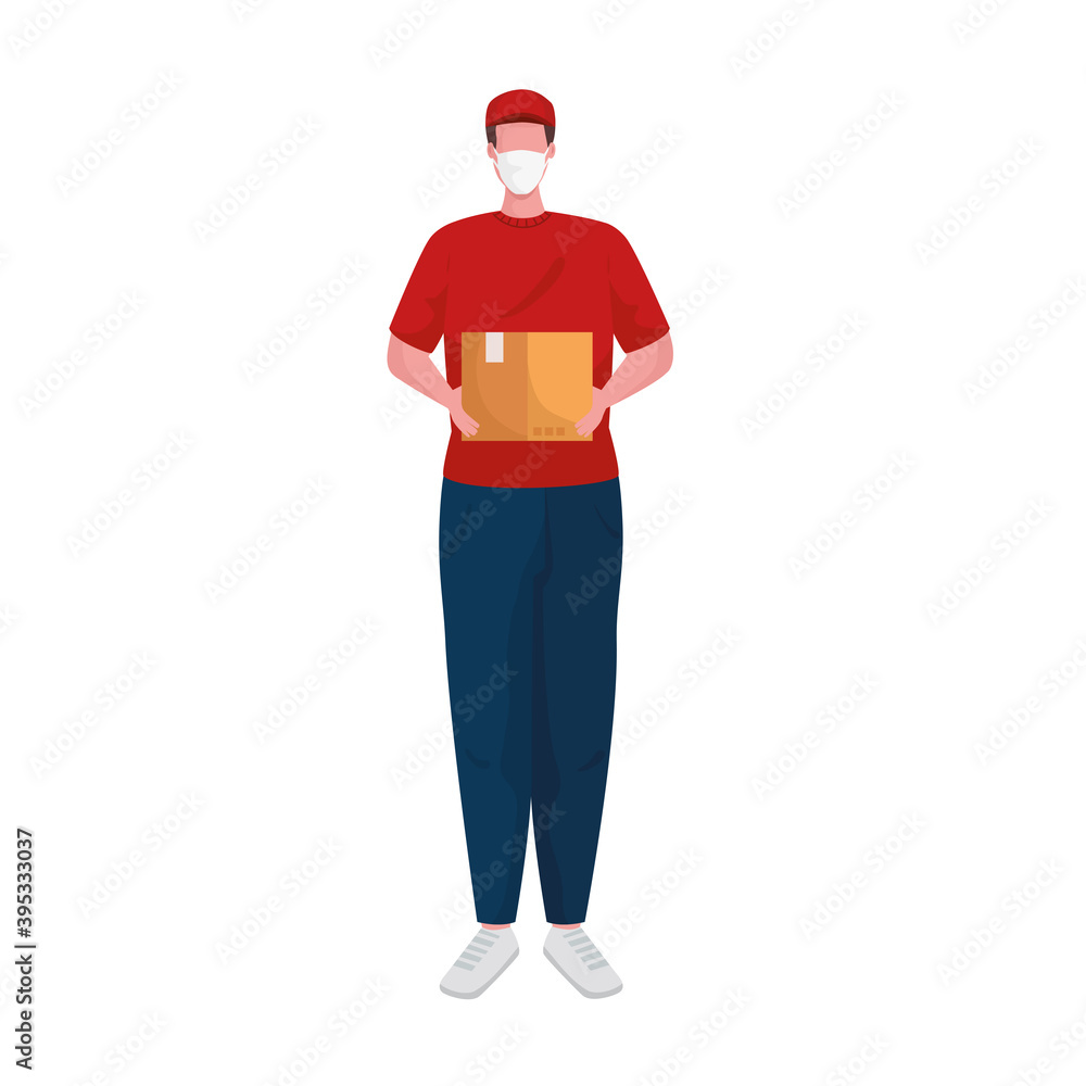 delivery worker wearing medical mask lifting box vector illustration design delivery worker wearing medical mask lifting box vector illustration design