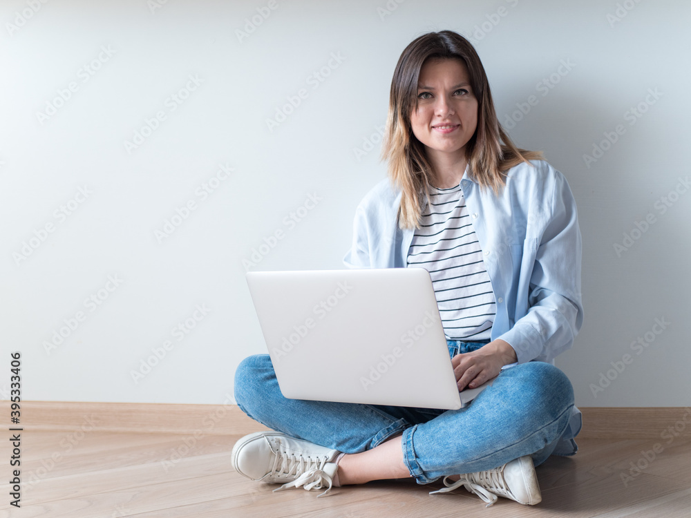Distance learning online education. Woman studying with laptop, watching webinar Distance learning online education. Woman studying with laptop, watching webinar