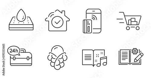 Contactless payment, 24h service and Music book line icons set. House security, Waterproof mattress and Shopping cart signs. Ice cream, Engineering documentation symbols. Quality line icons. Vector photo