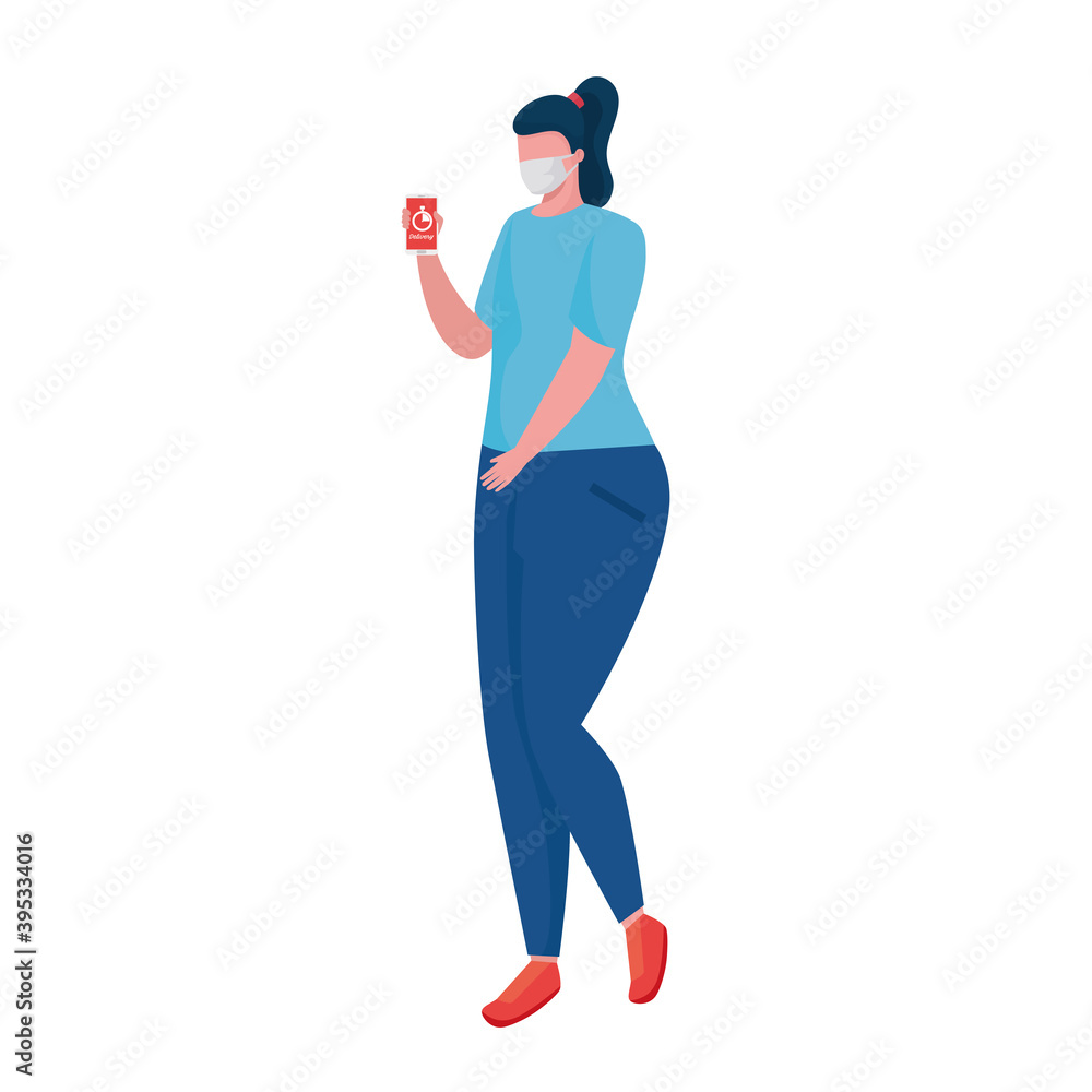 woman wearing medical mask using smartphone character vector illustration design
