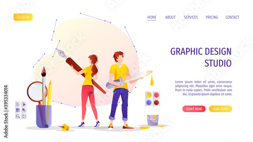 People drawing with pen and eyedropper in graphic editor. Digital illustrator, vector artist, graphic design, creativity concept. Vector illustration for banner, presentation, advertising, website.