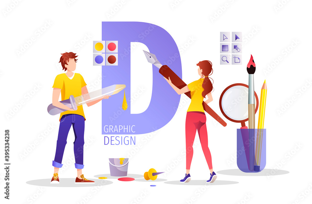 People drawing with pen and eyedropper in graphic editor. Graphic design, digital illustrator, vector artist, creativity concept. Vector illustration for banner, presentation, advertising, poster.