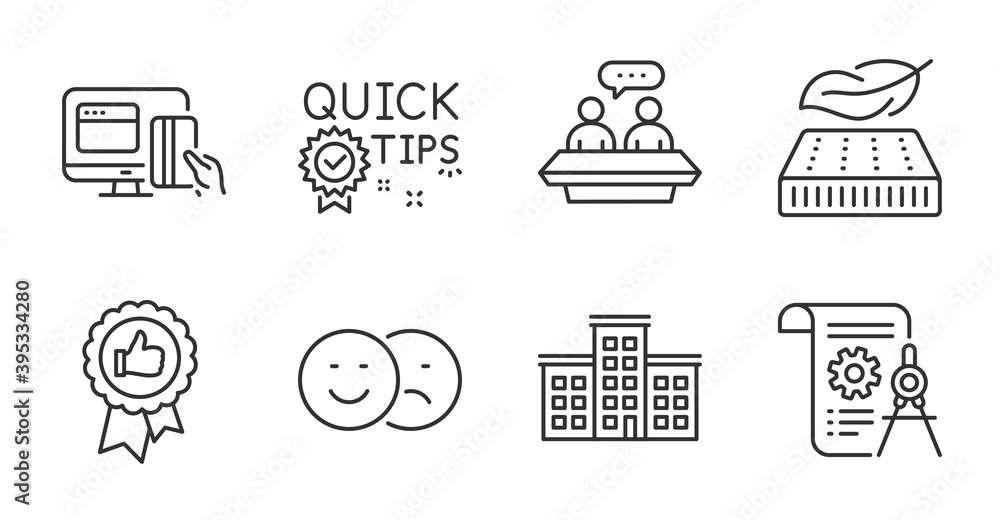 Lightweight mattress, Company and Positive feedback line icons set. Employees talk, Like and Online payment signs. Divider document, Quick tips symbols. Sleeping pad, Building, Award medal. Vector Lightweight mattress, Company and Positive feedback line icons set. Employees talk, Like and Online payment signs. Divider document, Quick tips symbols. Sleeping pad, Building, Award medal. Vector