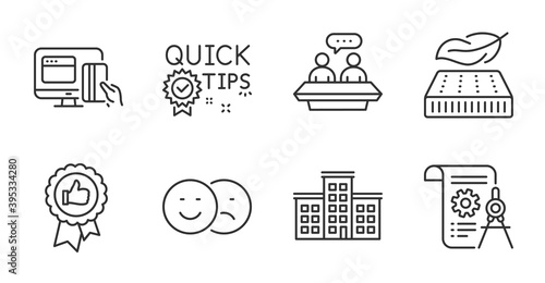 Lightweight mattress, Company and Positive feedback line icons set. Employees talk, Like and Online payment signs. Divider document, Quick tips symbols. Sleeping pad, Building, Award medal. Vector