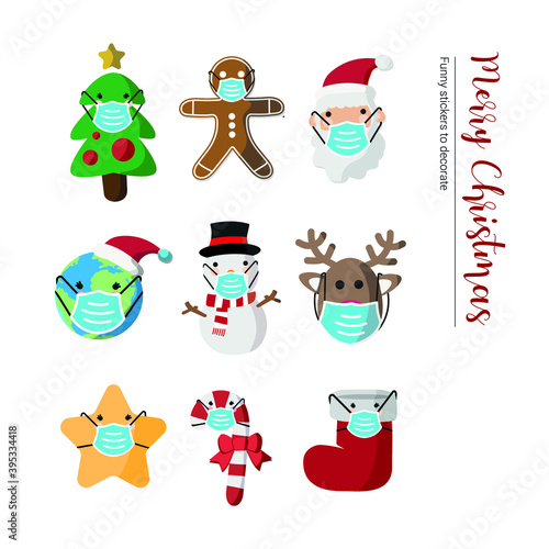 Vector image. Different Christmas drawings with a mask. Christmas with mask.
