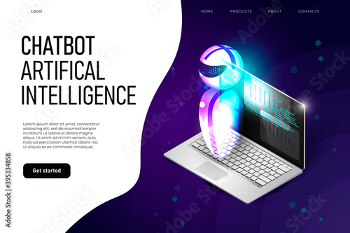 Chatbot artifical intelligence landing page template with flying robot and isomteric laptop