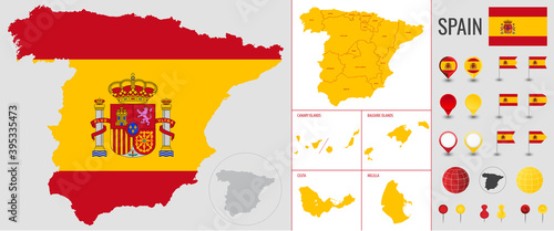 Map of Spain and islands in the colors of the country flag, with icons, flags, globe on a white background, vector illustration