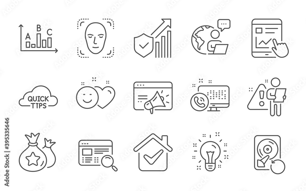 Idea, Smile and Security statistics line icons set. Loyalty points, Website search and Seo marketing signs. Recovery hdd, Survey results and Face detection symbols. Line icons set. Vector