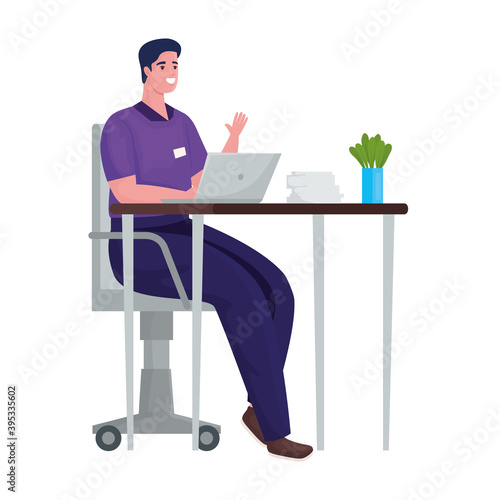 man using laptop for meeting online in workplace vector illustration design