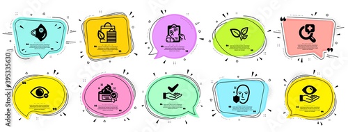 Healthcare icons set. Speech bubble offer banners. Vector coupon badge. Included icon as Leaves, Myopia, Dermatologically tested signs. Medical mask, Bio shopping, Cream symbols. Vector