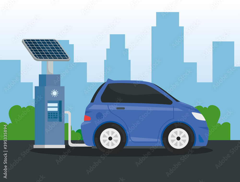 electric car ecology alternative in chargin station on the city vector illustration design