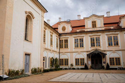 Loucen Rococo castle surrounded by a vast English park, Romantic baroque chateau and gardens with mazes and labyrinths in autumn day, Central Bohemia, Czech republic