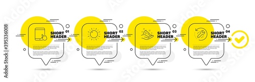 Sun energy, Tablet pc and Skin care line icons set. Timeline infograph speech bubble. Recovery tool sign. Solar power, Touchscreen gadget, Hand cream. Backup info. Business set. Vector