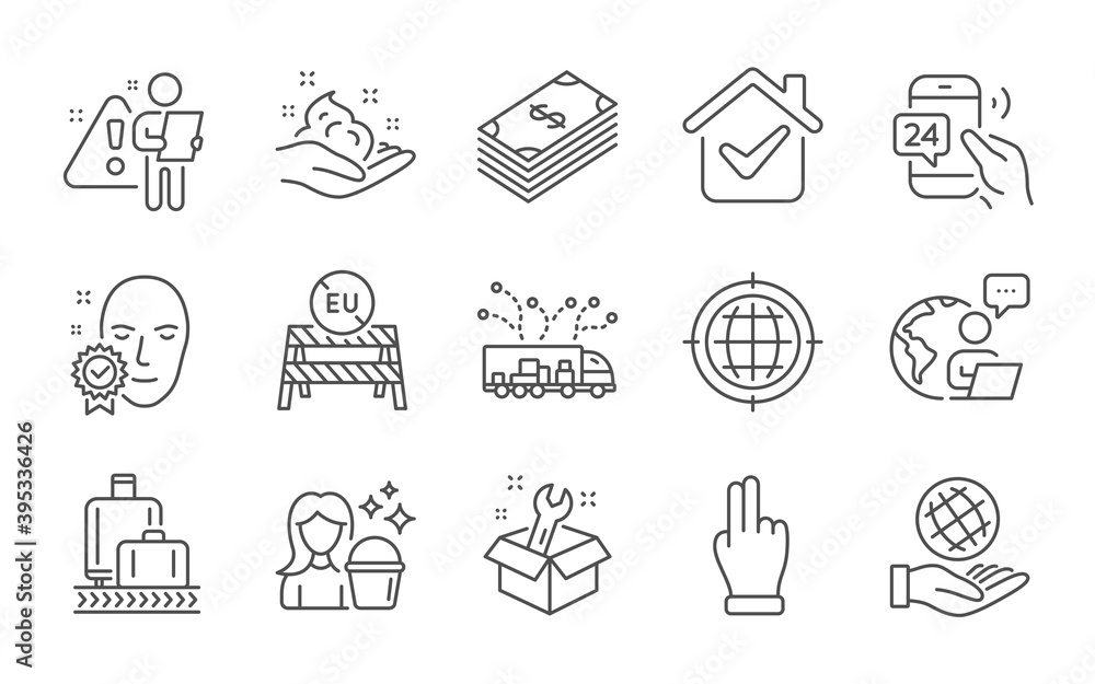 Cleaning, Baggage reclaim and Truck delivery line icons set. Seo internet, Eu close borders and Click hand signs. Skin care, 24h service and Face verified symbols. Line icons set. Vector