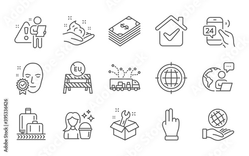 Fototapeta Naklejka Na Ścianę i Meble -  Cleaning, Baggage reclaim and Truck delivery line icons set. Seo internet, Eu close borders and Click hand signs. Skin care, 24h service and Face verified symbols. Line icons set. Vector