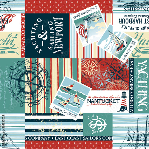 New England nautical yachting sailing sign symbol elements and fabric patchwork wallpaper abstract vector seamless pattern 